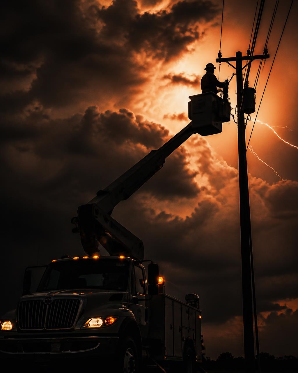 Utility bucket truck responding to a storm at dusk